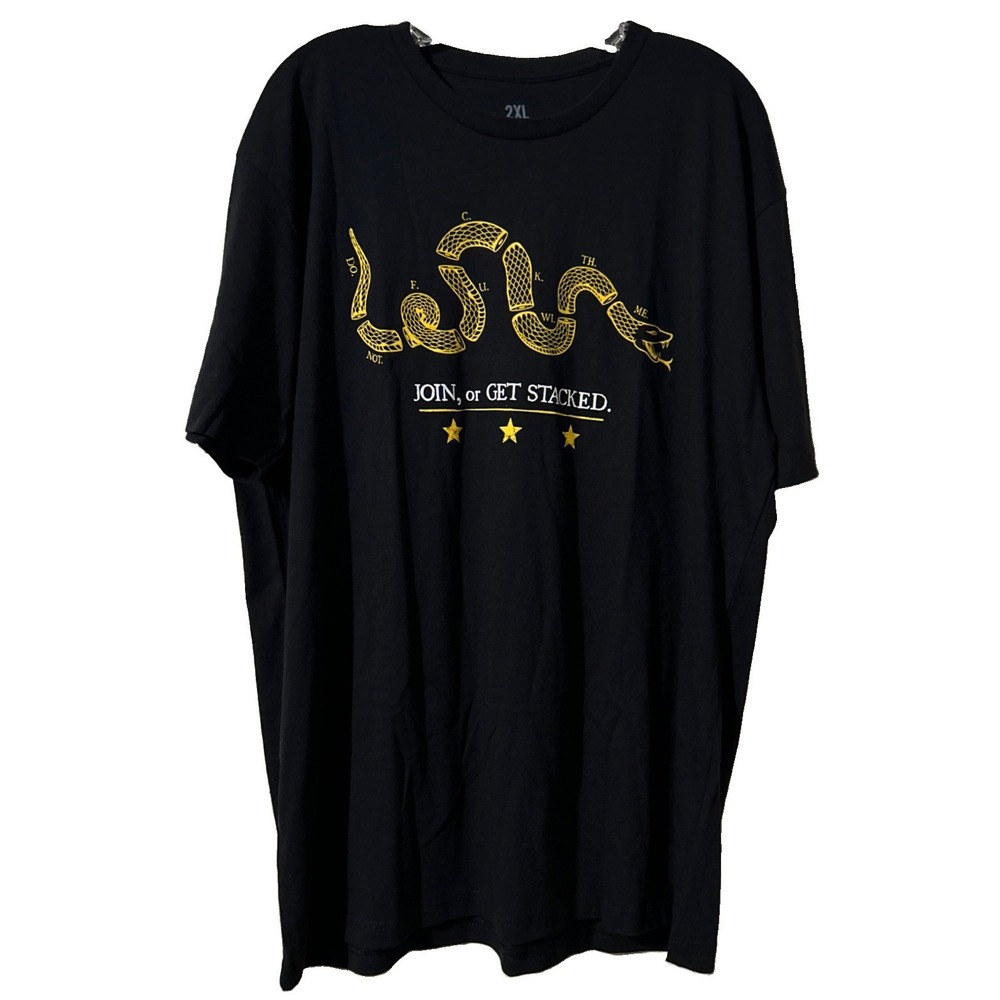 Zero Foxtrot Men's 2XL Black T-Shirt " Join Or Get Stacked" Yellow Snake Design